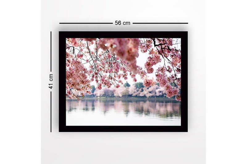 Kehystetty puutaulu canvasille - 41x56 cm - Kukkivia kirsikkapuita peilimäisen järven rannalla - Vaaleanpunainen / Vihreä / Sininen - Sisustustuotteet - Taulu & taide