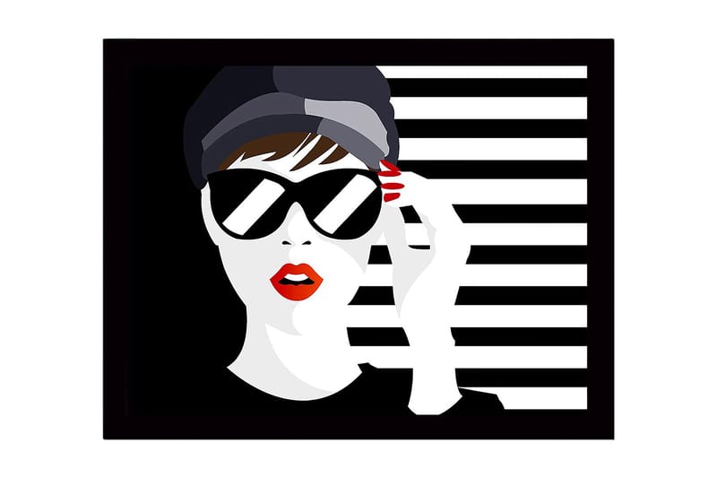Kehystetty puutaulu canvasille - 41x56 cm - Tyylitelty nainen aurinkolaseissa ja punaisessa huulipunassa, Musta / Valkoinen / Punainen
