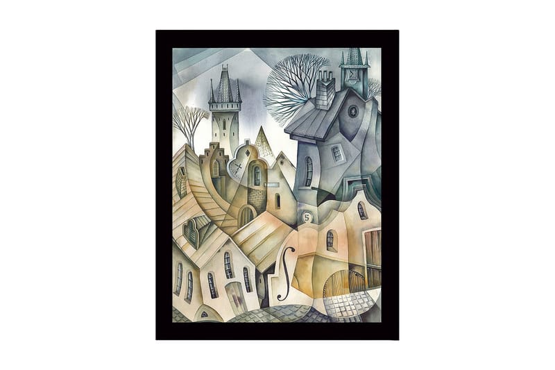 Kehystetty puucanvas - 41x56 cm - Abstrakti kaupunkikuva aaltoilevilla taloilla ja torneilla, Harmaa / Beige / Vaaleansininen