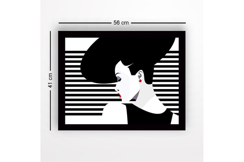 Kehystetty puutaulu canvasille - 41x56 cm - Tyylitelty nainen, jolla on suuret hiukset ja punaiset huulet - Musta / Valkoinen / Punainen - Sisustustuotteet - Taulu & taide