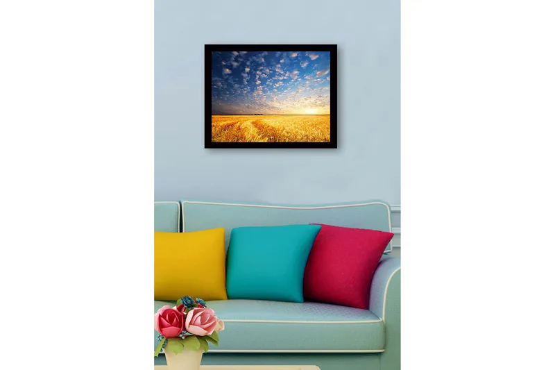 Kehystetty puutaulu canvasille - 41x56 cm - Kaunis auringonlasku kultaisen vehnäpellon yllä - Kulta / Sininen / Valkoinen - Sisustustuotteet - Taulu & taide
