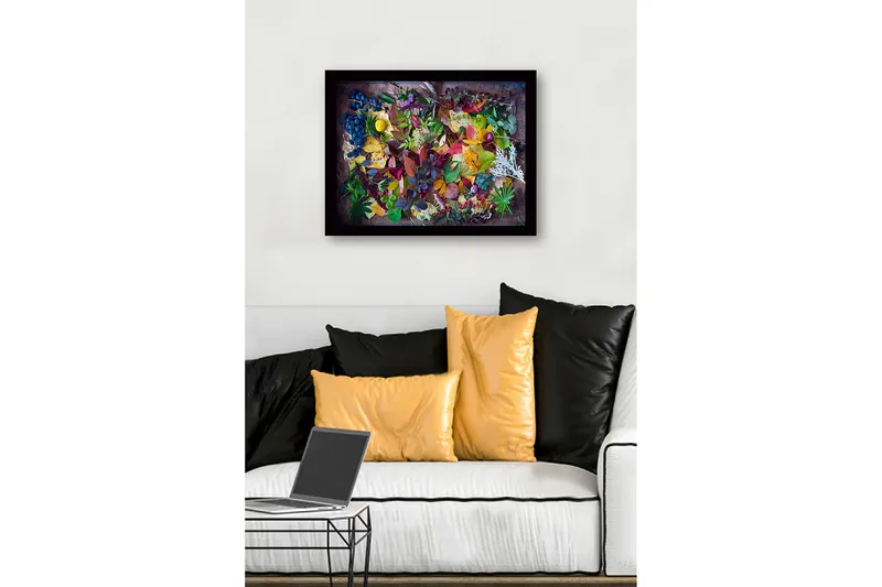 Kehystetty puutaulu canvasille - 41x56 cm - Värikäs kokoelma syksyn lehtiä ja marjoja - Vihreä / Punainen / Keltainen - Sisustustuotteet - Taulu & taide