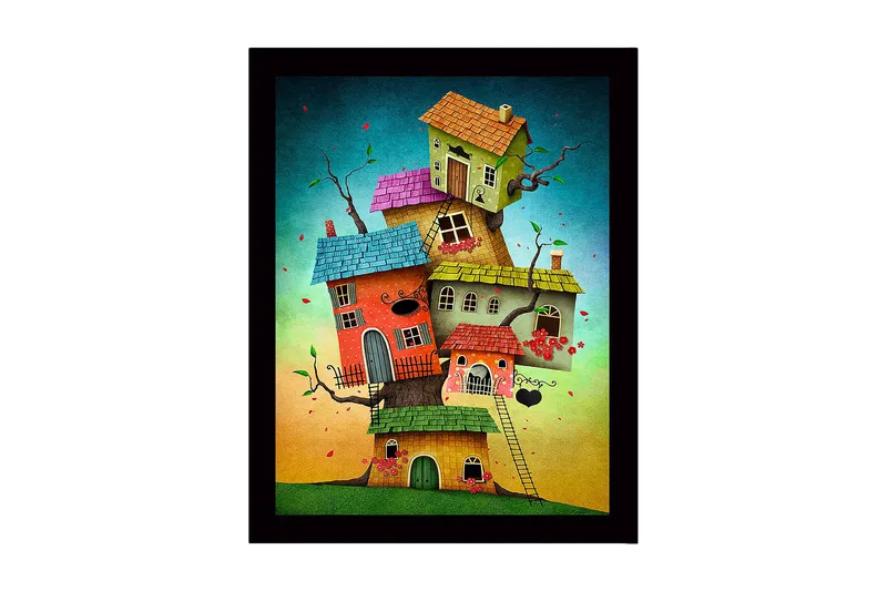 Kehystetty puutaulu canvasille - 41x56 cm - Mielikuvituksellinen rakennus useilla värikkäillä taloilla päällekkäin, Punainen / Vihreä / Sininen