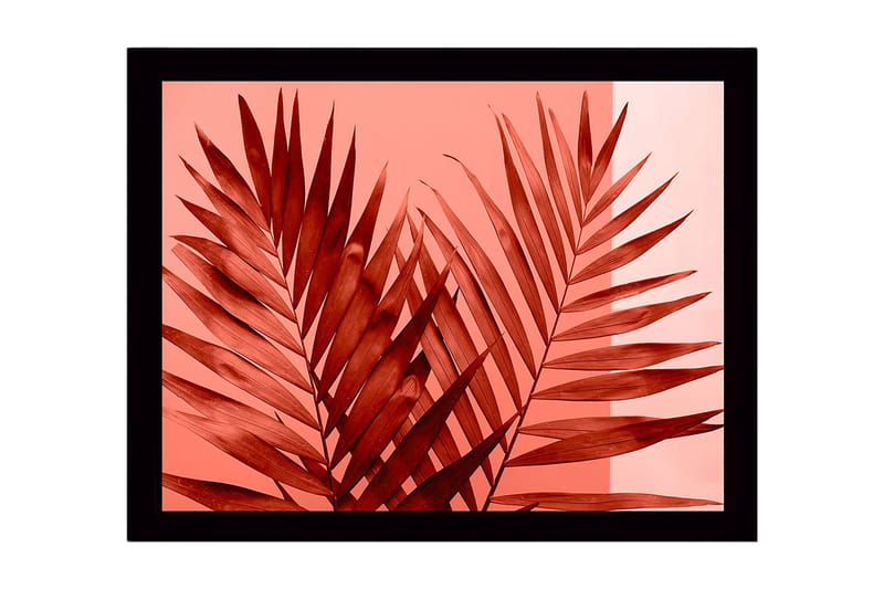 Kehystetty puutaulu canvasille - 41x56 cm - Suuret, tyylitellyt palmunlehdet punaisessa sävyssä, Punainen / Vaaleanpunainen
