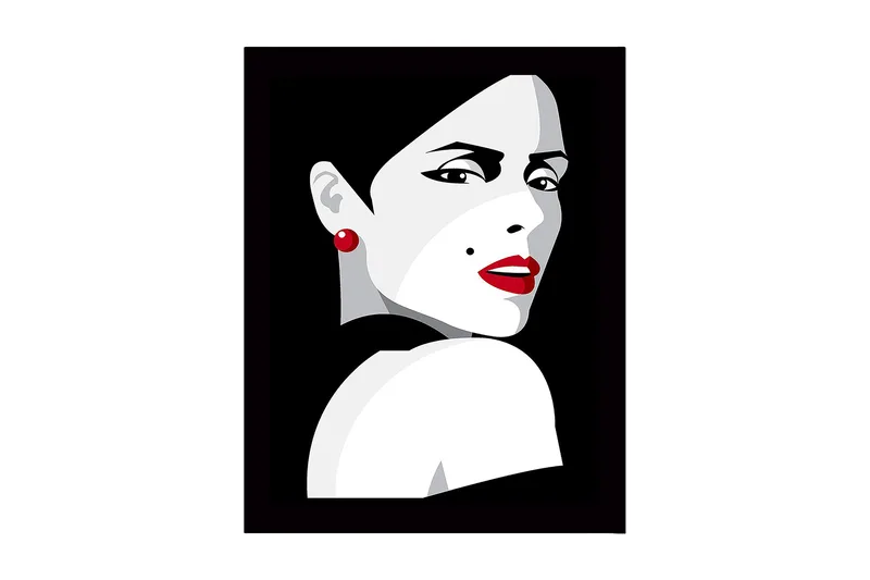 Kehystetty puucanvas - 41x56 cm - Muotokuva dramaattisesta naisesta, jolla on punainen huulipuna, Punainen / Musta / Harmaa