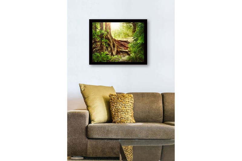 Kehystetty puutaulu canvas-taululla - 41x56 cm - Rehevä metsä, jossa on suuri puunjuuri ja auringonsäteet siivilöityvät lehtien läpi - Vihreä / Ruskea / Keltainen - Sisustustuotteet - Taulu & taide