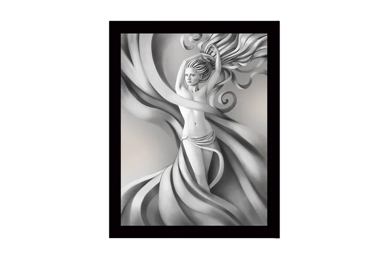 Kehystetty puutaulu canvasille - 41x56 cm - Elegantti hahmo laajoilla verhoilla ja hulmuavilla hiuksilla, Harmaa / Valkoinen / Musta