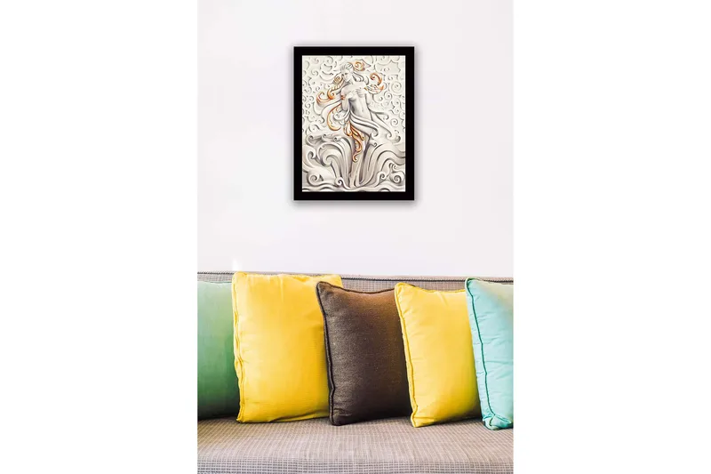 Kehystetty puutaulu canvasille - 41x56 cm - Elegantti naisen hahmo huojuvien pilvien ja aaltojen ympäröimänä - Harmaa / Beige / Oranssi - Sisustustuotteet - Taulu & taide