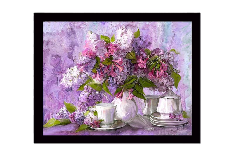 Kehystetty puupohja - 41x56 cm - Värikäs syreenikimppu kauniissa sommitelmassa, Violetti / Vaaleanpunainen / Vihreä