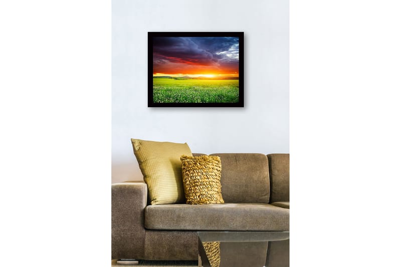 Kehystetty puutaulu canvasille - 41x56 cm - Upea auringonlasku vihreän niityn yllä - Oranssi / Vihreä / Sininen - Sisustustuotteet - Taulu & taide