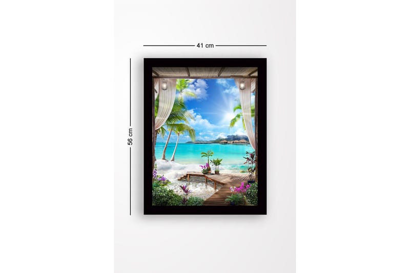 Kehystetty puutaulu canvasille - 41x56 cm - Trooppinen näkymä palmuilla ja kirkkaansinisellä merellä - Turkoosi / Vihreä / Violetti - Sisustustuotteet - Taulu & taide