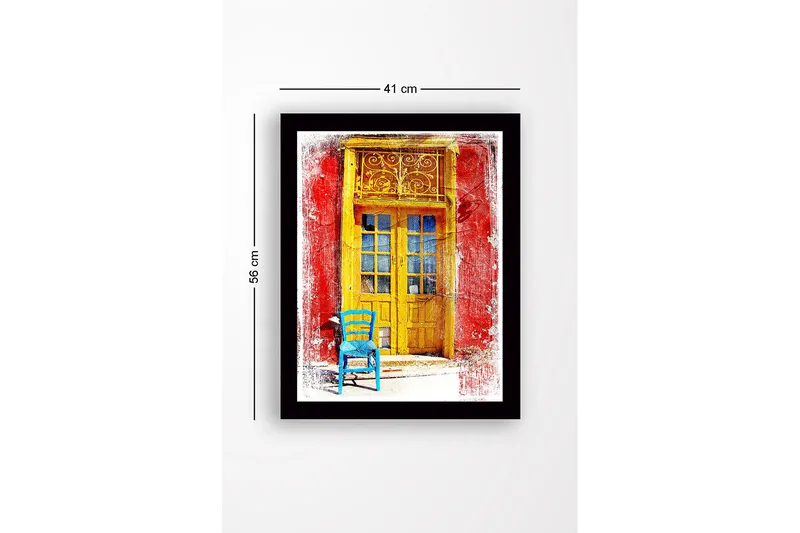 Kehystetty puinen canvas-taulu - 41x56 cm - Kultainen ovi ja sininen tuoli edessä punaisella seinällä - Keltainen / Sininen / Punainen - Sisustustuotteet - Taulu & taide