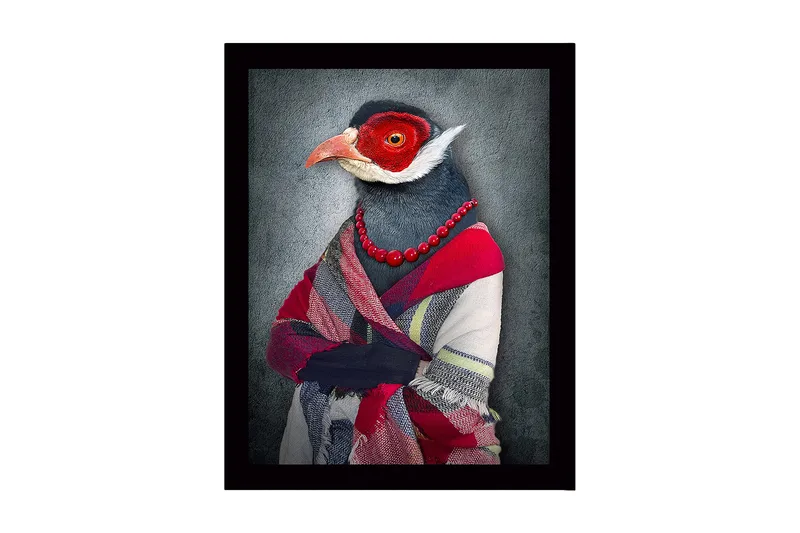 Kehystetty puukangas - 41x56 cm - Lintu vaatteineen ja koruineen tyylitellyssä muotokuvassa, Punainen / Sininen / Harmaa