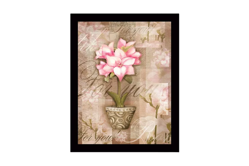 Kehystetty puutaulu canvasille - 41x56 cm - Vaaleanpunainen kukka ruukussa pehmeillä taustasävyillä, Vaaleanpunainen / Beige / Vihreä