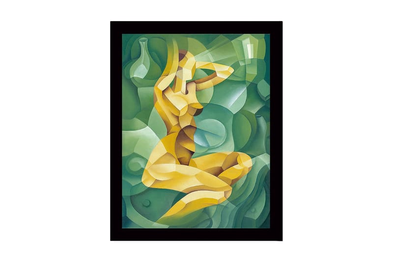 Kehystetty puucanvas - 41x56 cm - Abstrakti naisen hahmo kurvikkaassa sommitelmassa, Vihreä / Keltainen / Vaaleanvihreä