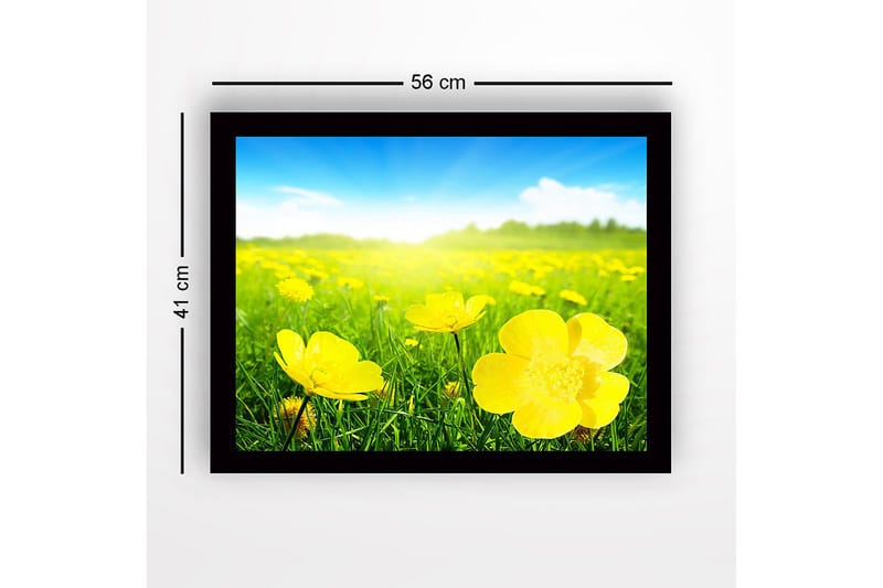 Kehystetty puutaulu canvasille - 41x56 cm - Keltaisten kukkien niitty aurinkoisessa maisemassa - Keltainen / Vihreä - Sisustustuotteet - Taulu & taide