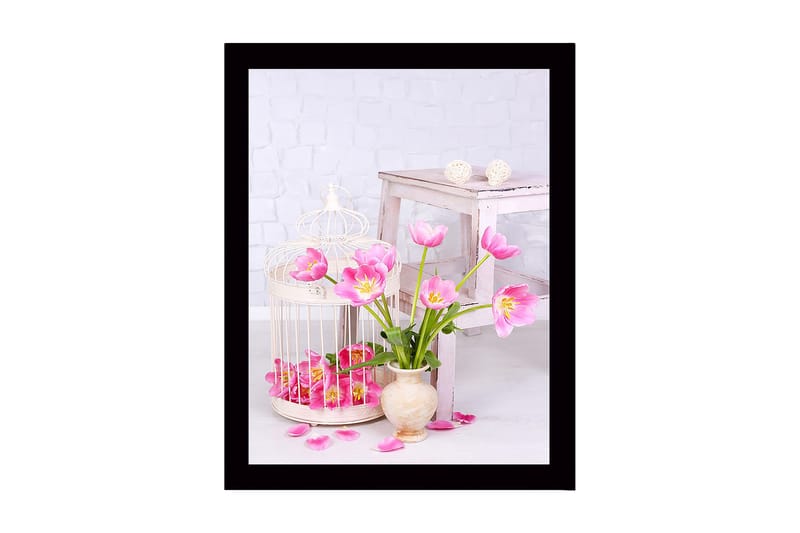 Kehystetty puutaulu canvasille - 41x56 cm - Värikäs tulppaanikimppu maljakossa, Vaaleanpunainen / Vihreä / Beige