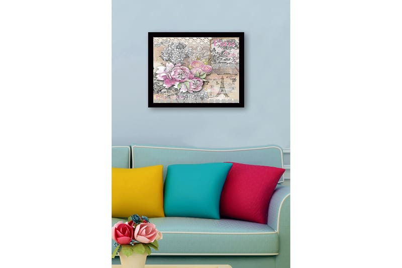 Kehystetty puutaulu canvasille - 41x56 cm - Kukkasommitelma ruusuilla ja vintage-elementeillä - Vaaleanpunainen / Harmaa / Beige - Sisustustuotteet - Taulu & taide