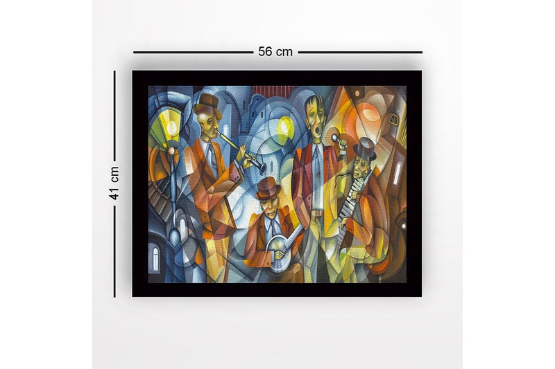Kehystetty puucanvas - 41x56 cm - Musiikkiesitys neljän värikkäissä vaatteissa olevan muusikon kanssa - Tummansininen / Oranssi / Keltainen - Sisustustuotteet - Taulu & taide