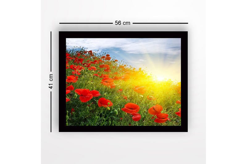 Kehystetty puucanvas - 41x56 cm - Punaisten unikkojen pelto auringonnousun valossa - Punainen / Vihreä / Keltainen - Sisustustuotteet - Taulu & taide