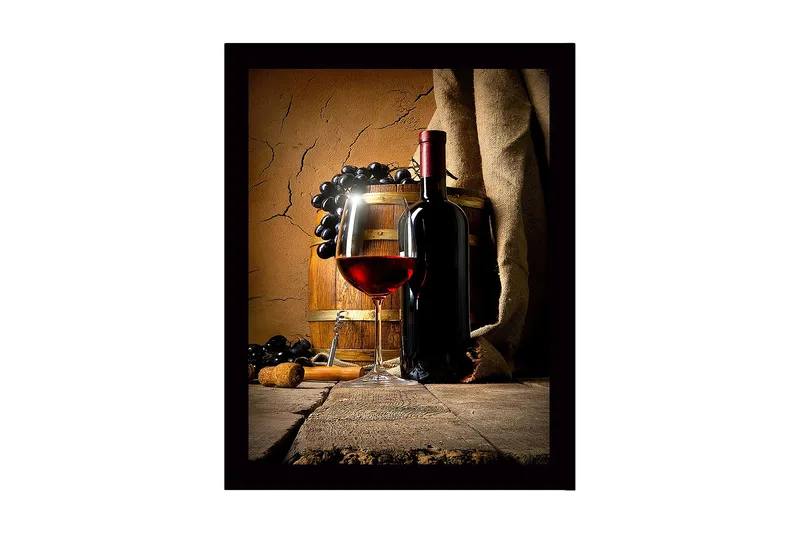 Kehystetty puutaulu canvasille - 41x56 cm - Viinipullo ja lasi punaviinillä, viinirypäleet ja tammitynnyrit, Punainen / Musta / Ruskea