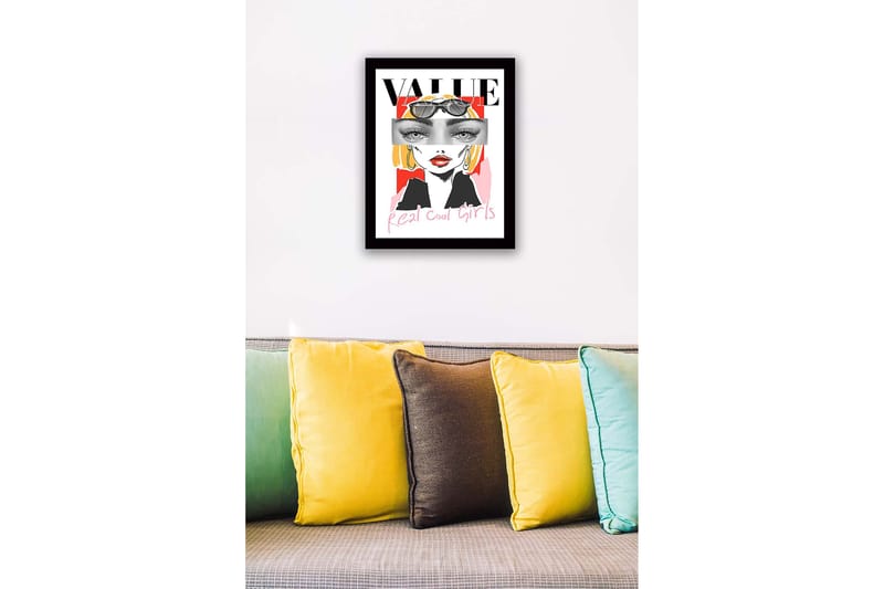 Kehystetty puutaulu canvasille - 41x56 cm - Tyylitelty muotokuva naisesta aurinkolaseissa ja värikkäässä taustalla - Punainen / Musta / Keltainen - Sisustustuotteet - Taulu & taide