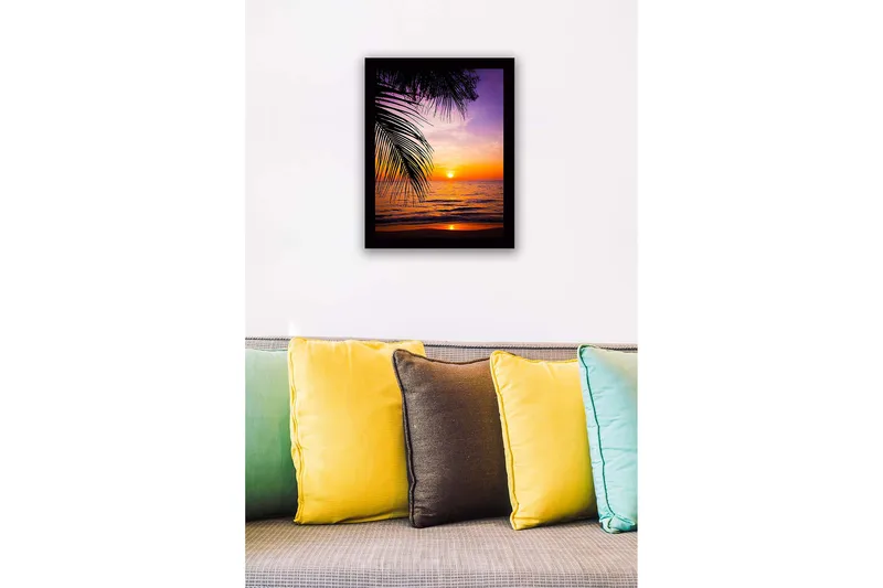 Kehystetty puutaulu canvasille - 41x56 cm - Auringonlasku meren yllä palmujen etualalla - Violetti / Oranssi / Keltainen - Sisustustuotteet - Taulu & taide