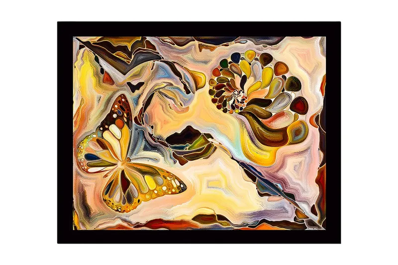 Kehystetty puukangas - 41x56 cm - Värikäs perhonen abstraktissa sommitelmassa simpukanmuotoisilla elementeillä, Kulta / Oranssi / Ruskea