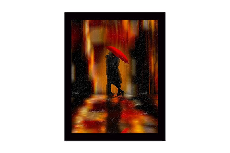 Kehystetty puutaulu canvasille - 41x56 cm - Romanttinen kohtaus pariskunnasta punaisen sateenvarjon alla, Punainen / Oranssi / Musta