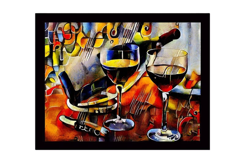 Kehystetty puutaulu canvasille - 41x56 cm - Viinikanna ja lasi viinillä eloisassa sommitelmassa, Kulta / Punainen / Sininen