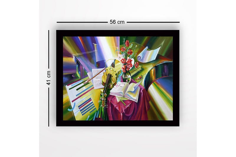 Kehystetty puukangas - 41x56 cm - Värikäs hiljaisuus instrumenttien ja kukkien kanssa - Vihreä / Punainen / Keltainen - Sisustustuotteet - Taulu & taide