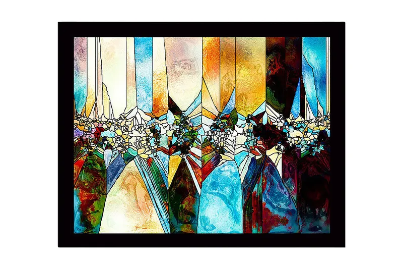 Kehystetty puukangas - 41x56 cm - Abstrakti sommitelma geometrisilla muodoilla ja värillisillä osioilla, Sininen / Oranssi / Vihreä