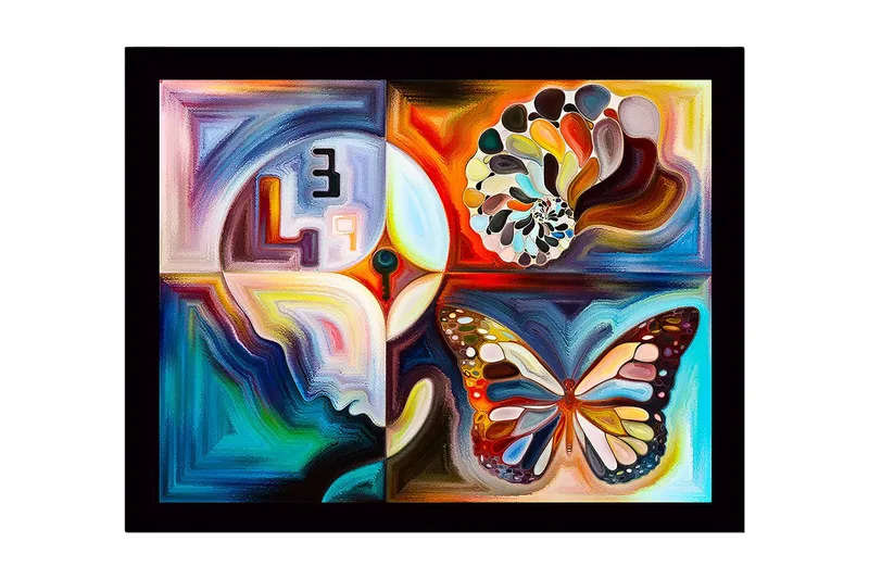 Kehystetty puutaulu canvasille - 41x56 cm - Värikäs perhonen abstrakteilla muodoilla ja kuvioilla, Sininen / Oranssi / Valkoinen