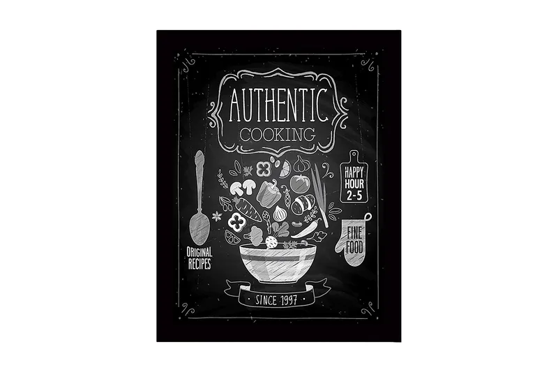 Kehystetty puutaulu canvasille - 41x56 cm - Keittiökyltti, jossa on kulho täynnä vihanneksia ja keittiövälineitä, Valkoinen / Musta