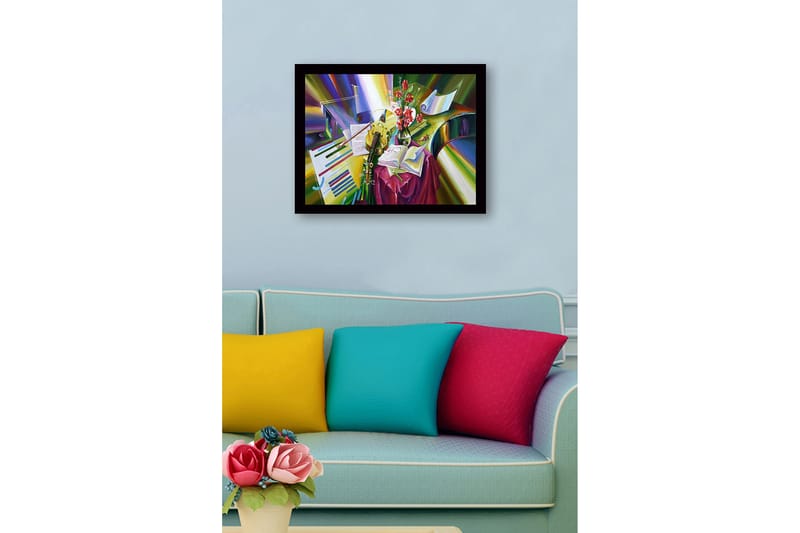 Kehystetty puukangas - 41x56 cm - Värikäs hiljaisuus instrumenttien ja kukkien kanssa - Vihreä / Punainen / Keltainen - Sisustustuotteet - Taulu & taide
