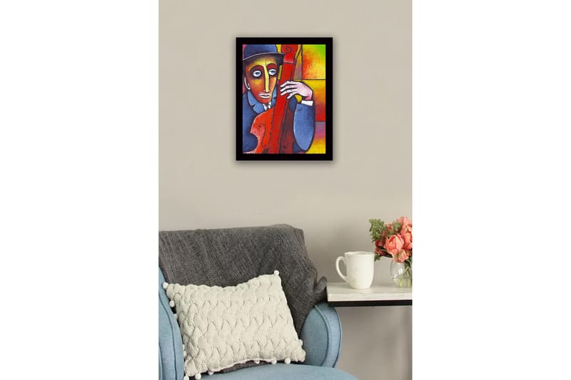 Kehystetty puutaulu canvasille - 41x56 cm - Muusikko kontrabasson kanssa värikkäässä sommitelmassa - Punainen / Sininen / Keltainen - Sisustustuotteet - Taulu & taide