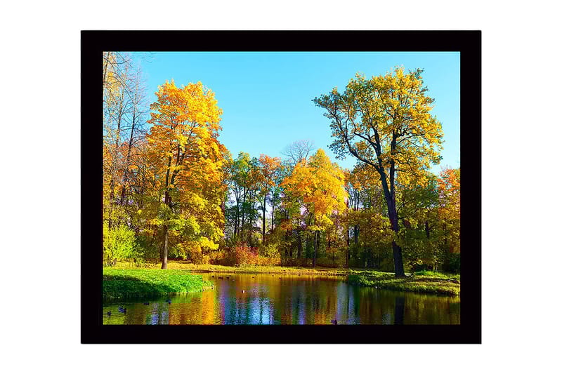 Kehystetty puucanvas - 41x56 cm - Värikäs syysmetsä peilimäisen järven rannalla, Kultaoranssi / Vihreä / Sininen