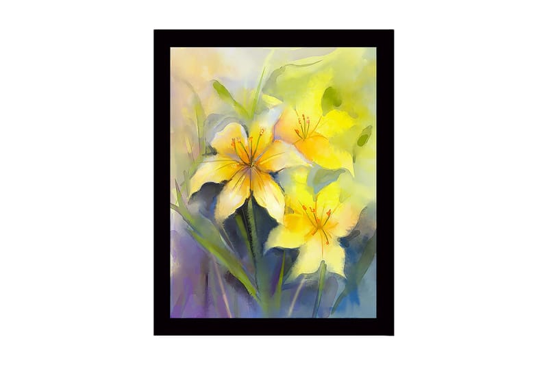 Kehystetty puupohja - 41x56 cm - Keltaiset liljat pehmeässä ja unenomaisessa sommitelmassa, Keltainen / Vihreä / Violetti