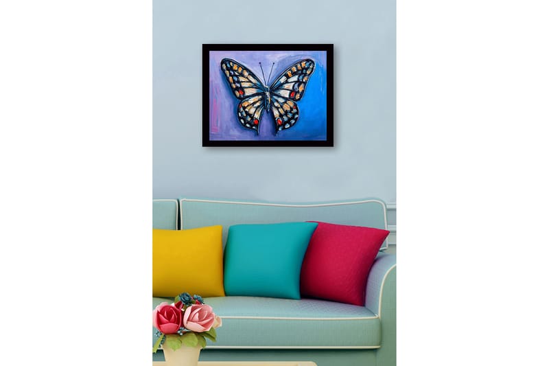 Kehystetty puutaulu canvasille - 41x56 cm - Värikäs perhonen yksityiskohtaisilla siivillä - Sininen / Oranssi / Musta - Sisustustuotteet - Taulu & taide