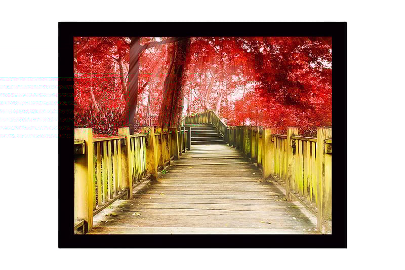 Kehystetty puutaulu canvasille - 41x56 cm - Kaunis puinen silta punaisten puiden ympäröimänä syksyisessä ympäristössä, Punainen / Keltainen / Ruskea
