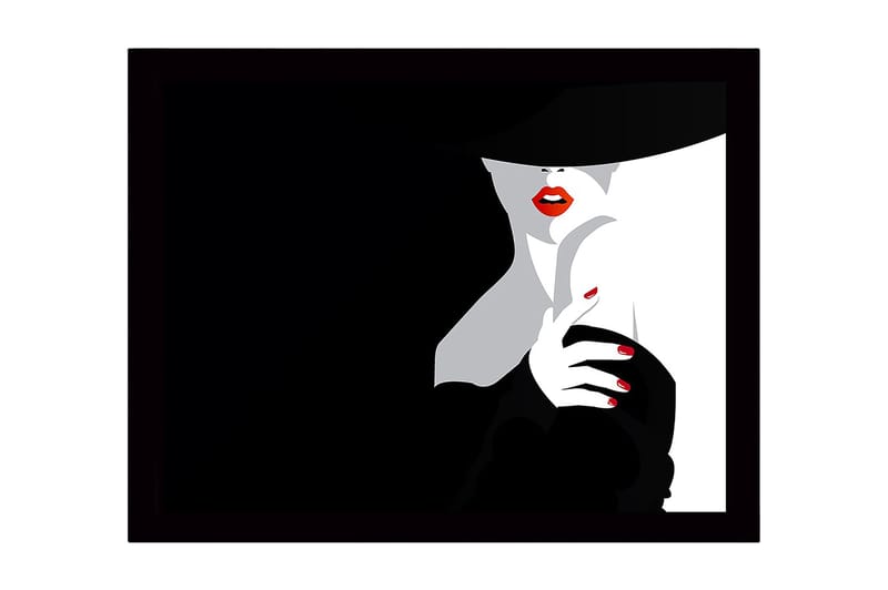 Kehystetty puutaulu canvasille - 41x56 cm - Aistillinen nainen punaisella huulipunalla ja mustalla hatulla, Musta / Valkoinen / Punainen