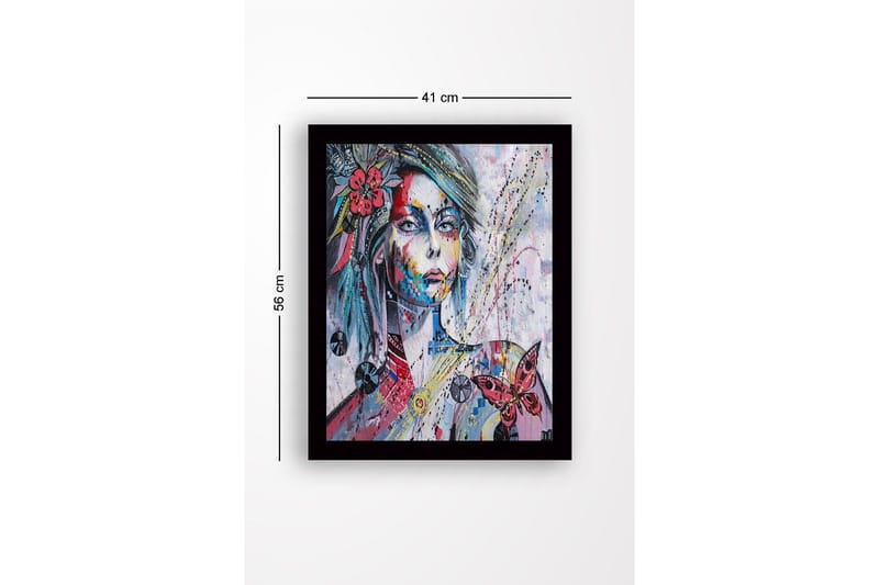 Kehystetty puutaulu - 41x56 cm - Naisen muotokuva värikkäillä yksityiskohdilla ja perhosella - Vaaleanpunainen / Sininen / Keltainen - Sisustustuotteet - Taulu & taide