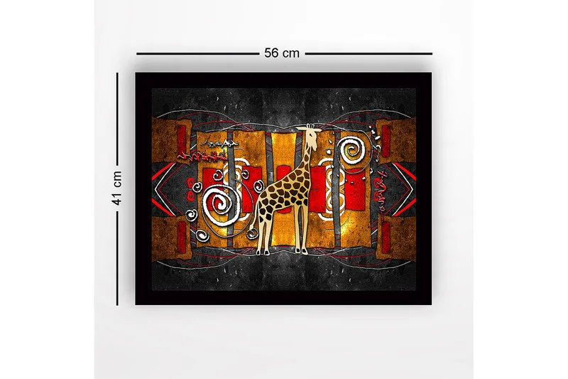 Kehystetty puutaulu canvasille - 41x56 cm - Kirahvi värikkäässä, abstraktissa sommitelmassa - Kulta / Punainen / Musta - Sisustustuotteet - Taulu & taide