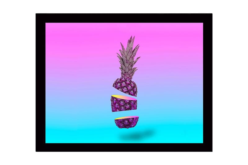 Kehystetty puukangas - 41x56 cm - Viipaloitu ananas surrealistinen sommitelma, Violetti / Vaaleanpunainen / Turkoosi