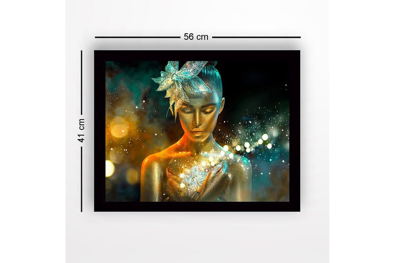 Kehystetty puutaulu canvasille - 41x56 cm - Säihkyvä nainen kultaisella iholla ja kukka hiuksissaan - Kulta / Turkoosi / Oranssi - Sisustustuotteet - Taulu & taide