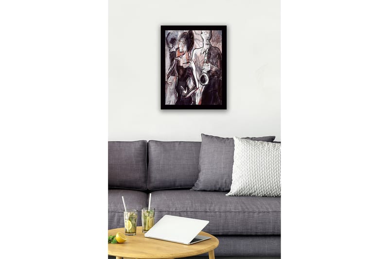 Kehystetty puinen canvas-taulu - 41x56 cm - Jazzmuusikko soittaa saksofonia tanssivien siluettien taustalla - Tummanpunainen / Harmaa / Musta - Sisustustuotteet - Taulu & taide