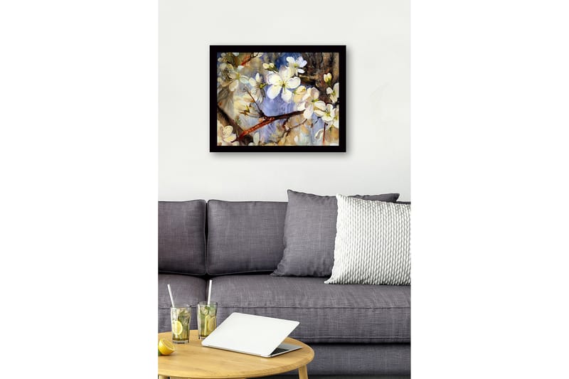 Kehystetty puutaulu canvasille - 41x56 cm - Kukkivat kirsikanoksat pehmeissä pastelliväreissä - Valkoinen / Vaaleansininen / Vihreä - Sisustustuotteet - Taulu & taide