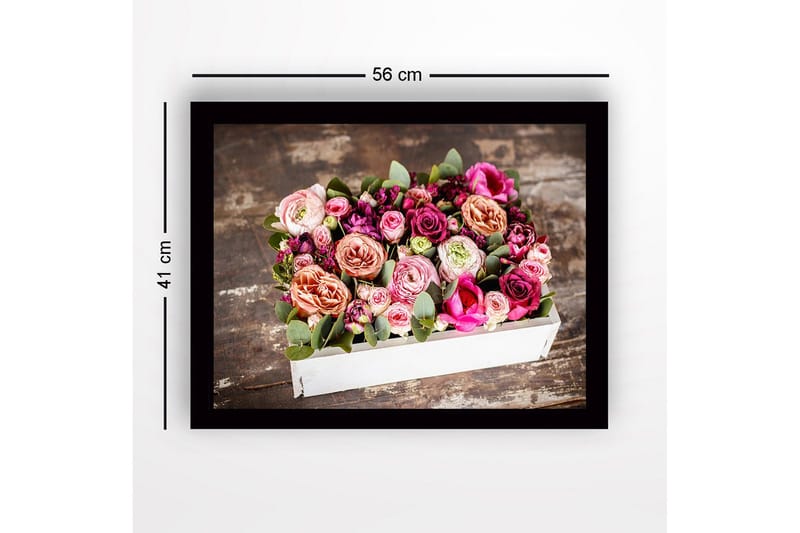 Kehystetty puupohjainen canvas - 41x56 cm - Värikäs ruusukimppu ja vihreät lehdet - Vaaleanpunainen / Violetti / Vihreä - Sisustustuotteet - Taulu & taide