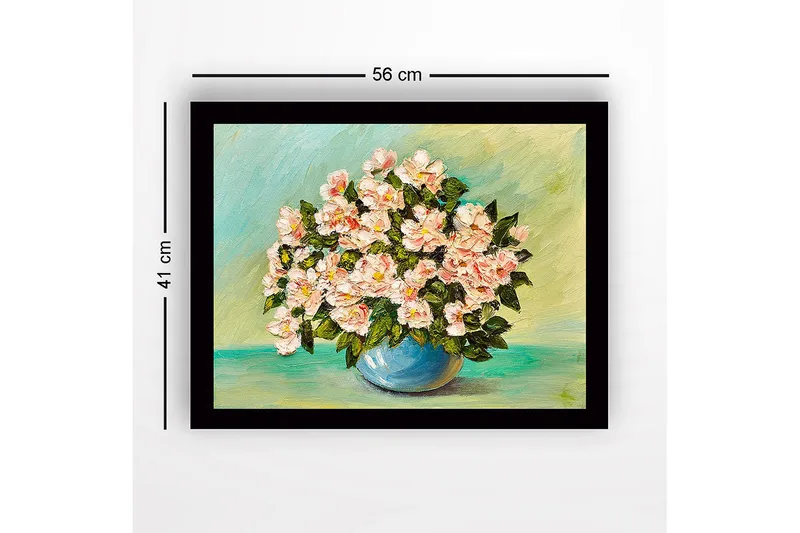 Kehystetty puutaulu canvasille - 41x56 cm - Värikäs kukkakimppu sinisessä maljakossa - Vaaleanpunainen / Vihreä / Sininen - Sisustustuotteet - Taulu & taide