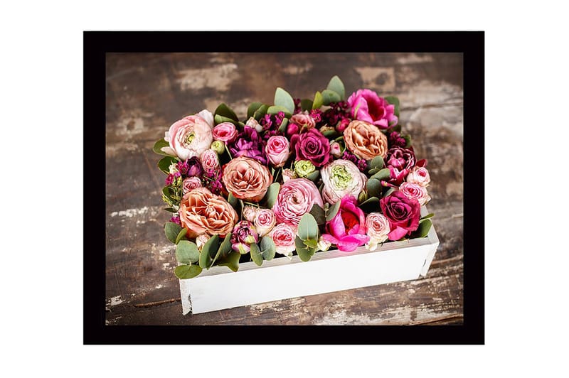 Kehystetty puupohjainen canvas - 41x56 cm - Värikäs ruusukimppu ja vihreät lehdet, Vaaleanpunainen / Violetti / Vihreä